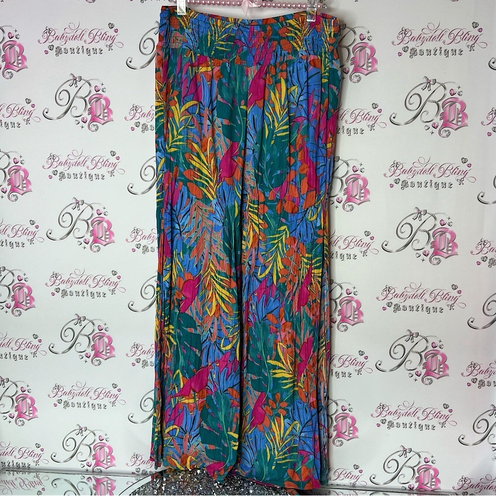 Kona Sol pants wide leg flare plants 🌱 flower rainbow Multicolor Tropical Pants